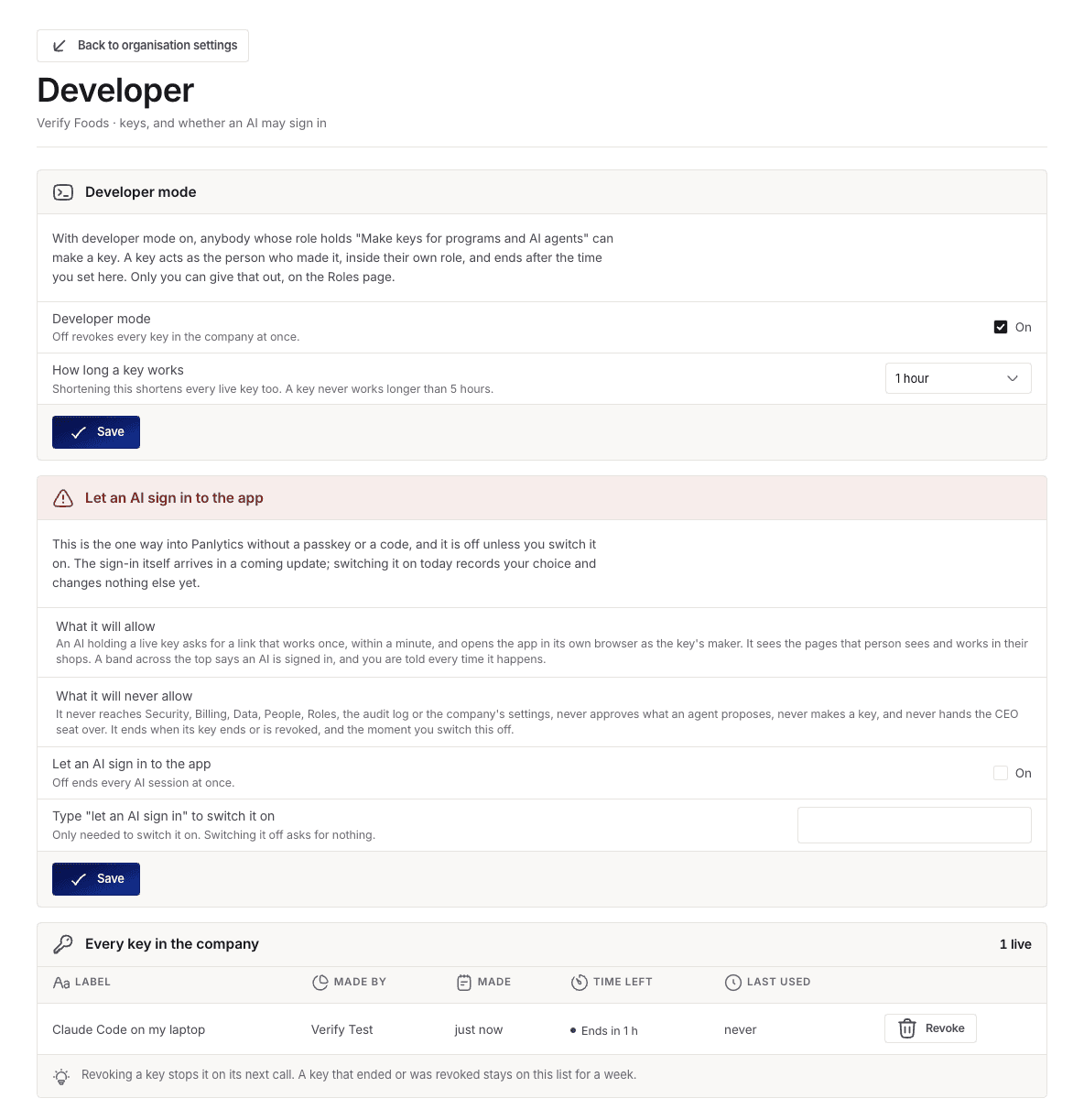 The company's Developer page, with developer mode on and a one hour period