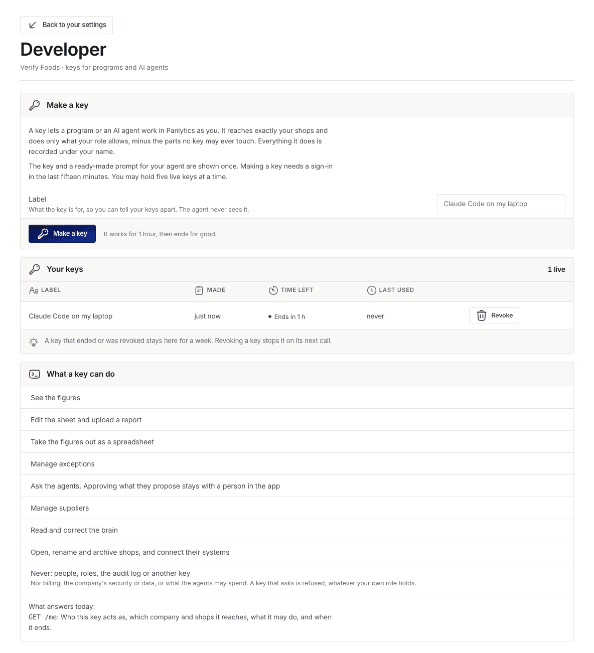 Your Developer page, with the Make a key panel and the list of your keys